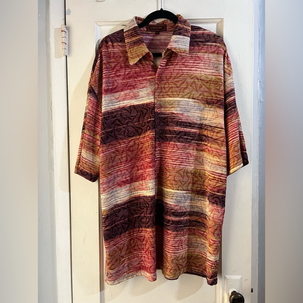 Creme de Silk Striped Silk Textured Casual Button Down Shirt XL